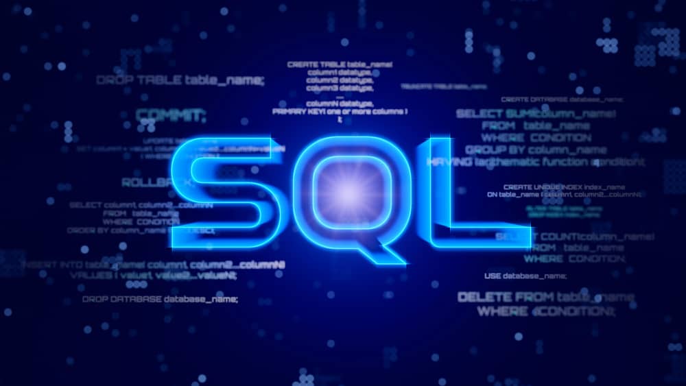 Diseño digital con el logo SQL en azul neón, invita a aprender cómo crear base de datos en sql desde cero.
