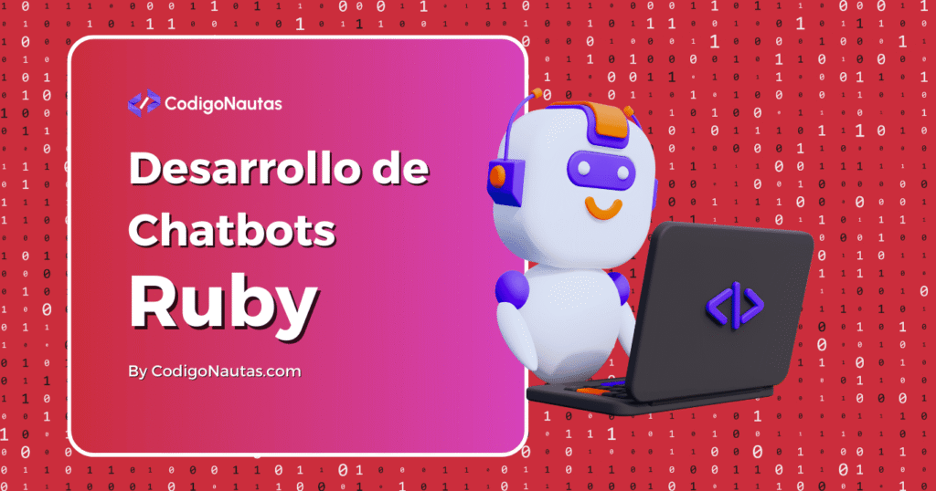 Ilustración de un robot usando un portátil para desarrollar chatbots con Ruby.