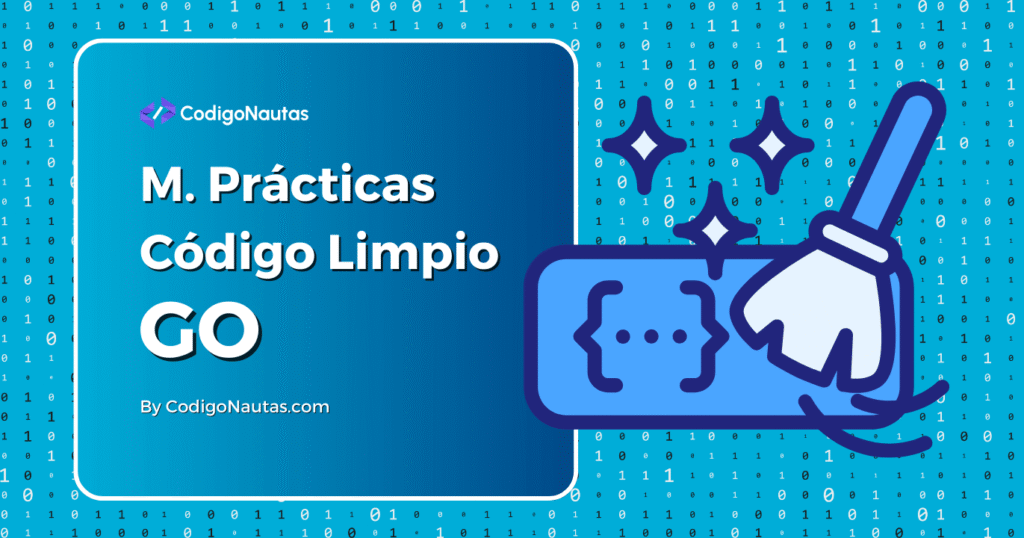 Imagen de un código Go siendo limpiado con una escoba, representando las mejores prácticas de programación.