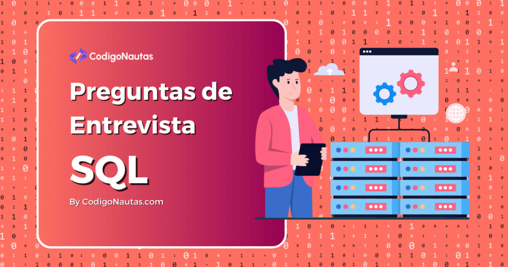 Ilustración de un desarrollador revisando una base de datos, con la leyenda "Preguntas de Entrevista SQL" para testers de software. Ideal para preparar entrevistas de trabajo en el sector tecnológico.