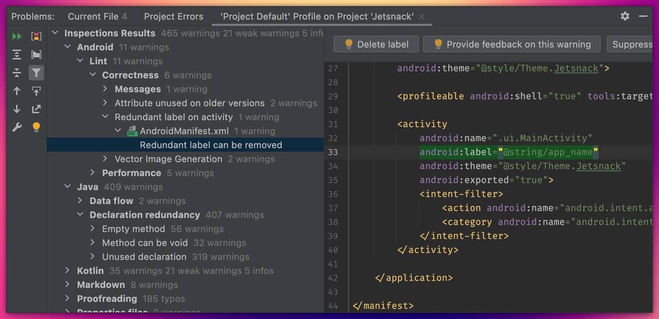 Android Studio, la IDE para Java orientado a Android, con sus potentes herramientas de inspección para un código limpio.