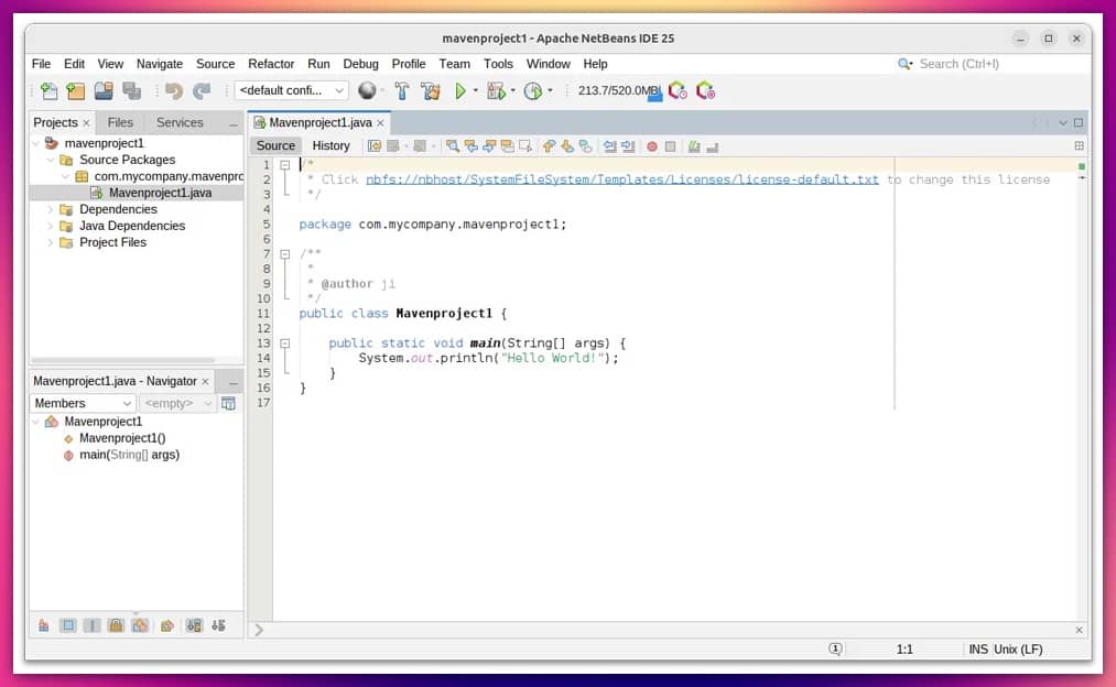 Interfaz de Apache NetBeans IDE para java. Es una de las mejores herramientas para desarrollar aplicaciones Java fácilmente.