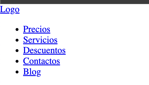 Captura de pantalla de una cabecera de sitio web simple con un logotipo y un menú de navegación que incluye enlaces a Precios, Servicios, Descuentos, Contactos y Blog.