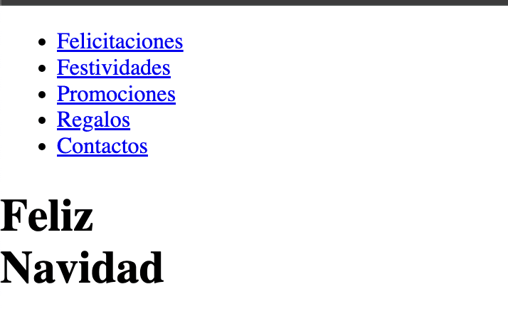 Captura de pantalla de una cabecera de sitio web simple con un menú de navegación (Felicidades, Festividades, Promociones, Regalos, Contactos) y un encabezado "Feliz Navidad".