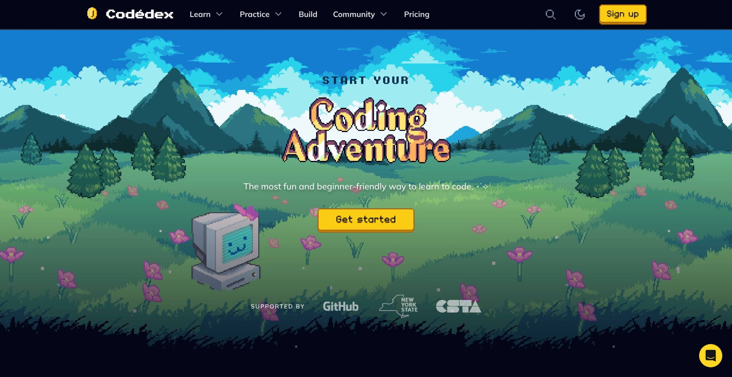 Captura de pantalla de la página principal de Codédex, un juego para aprender a programar. Un entorno amigable para principiantes.