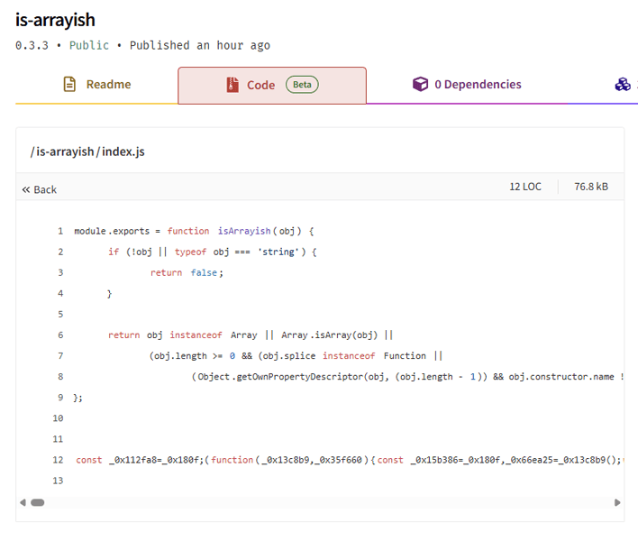 Ataque npm. Fragmento de código JavaScript ofuscado de un paquete npm sospechoso.