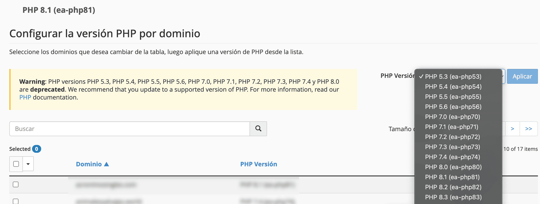 Panel de cPanel que muestra Cómo actualizar PHP para un dominio web, mejorando seguridad y rendimiento.