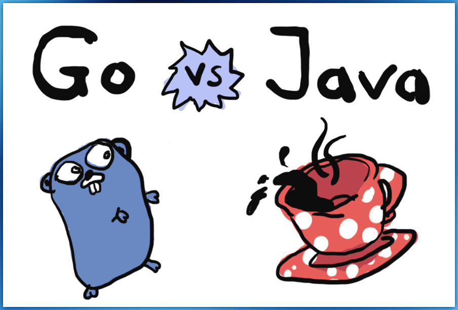 Dibujo divertido que compara Go vs Java, Go con el logo de Go, con Java como una taza de café hirviendo.