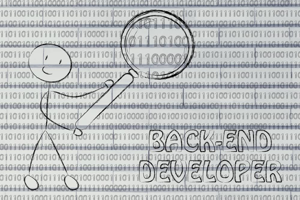 Dibujo de un "desarrollador backend" inspeccionando código con lupa. Ilustración del concepto.