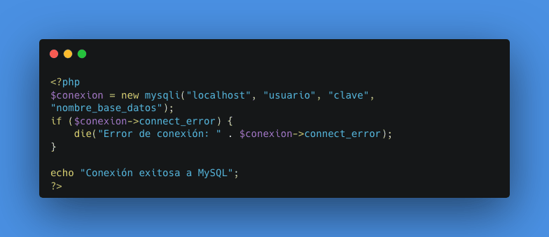 Código para conectar MySQL con PHP usando mysqli. Ejemplo de código que muestra cómo establecer una conexión a una base de datos MySQL usando la extensión mysqli en PHP.