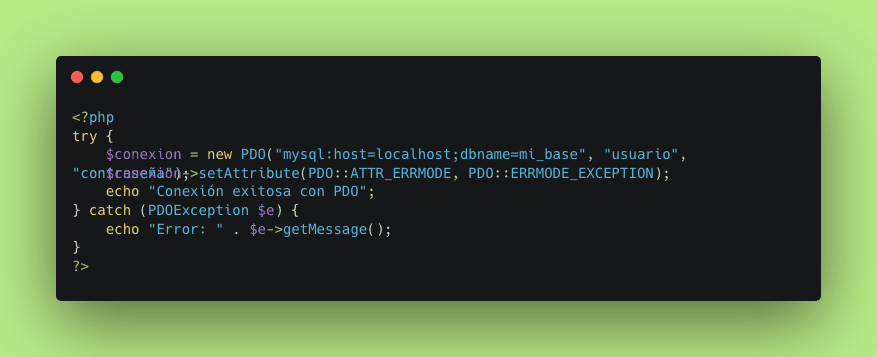 Conexión PHP a MySQL con PDO: Ejemplo de código PHP que utiliza PDO para conectarse a una base de datos MySQL, mostrando manejo de errores.