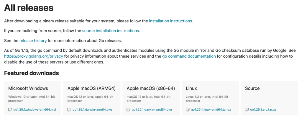 Captura de la página oficial para descargar Go para diferentes sistemas operativos, incluyendo Windows, macOS y Linux.