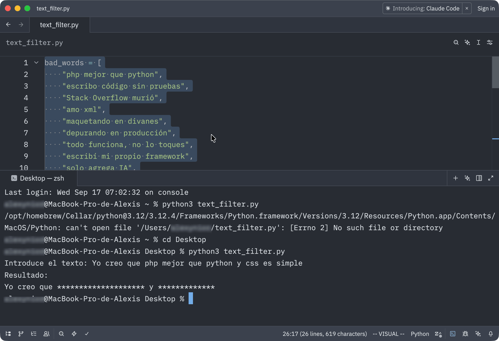 Captura de Zed IDE mostrando un script de Python para filtrar texto con 'bad words'.