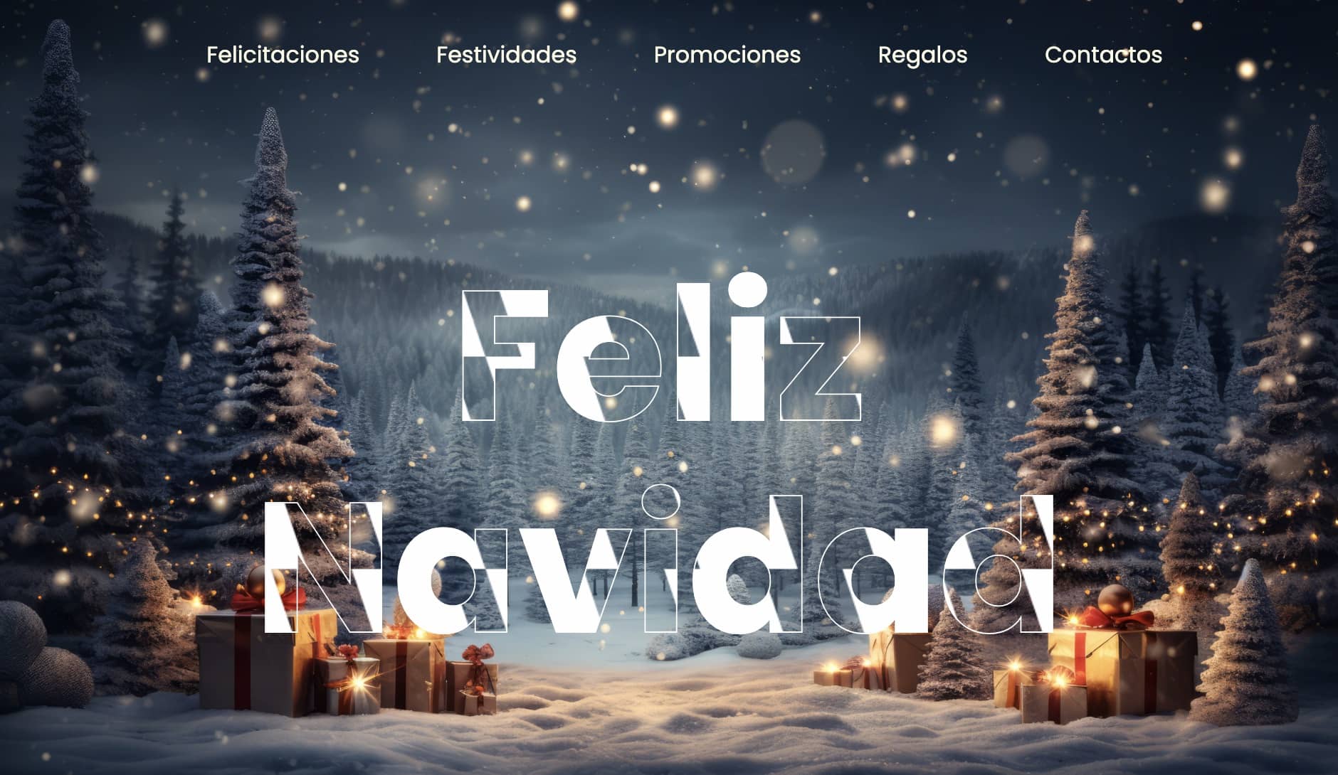 Diseño atractivo con CSS: Cabecera festiva de "Feliz Navidad" con menú (Felicidades, Festividades, etc.) y fondo invernal nevado. Ideal para comprender la etiqueta header en HTML.