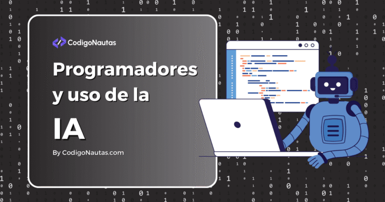 Ilustración de un robot programador usando un portátil, representando el uso de IA por programadores y los resultados de encuestas.