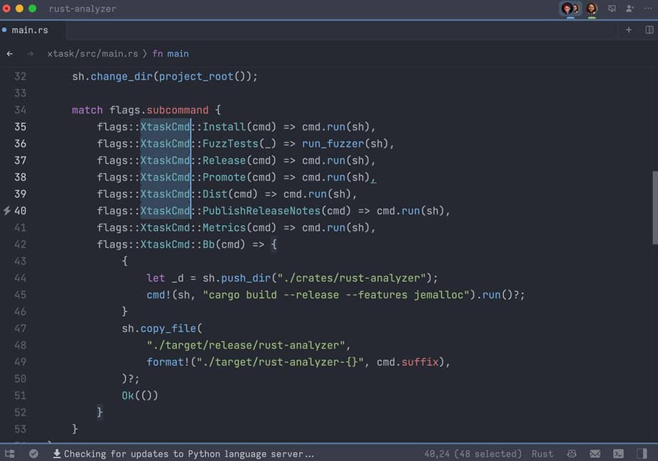 Zed IDE mostrando la colaboración en tiempo real con varios desarrolladores en el mismo archivo de código.