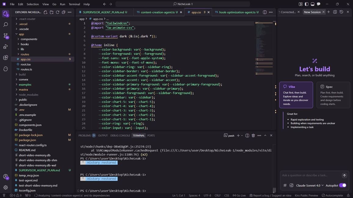 Interfaz del IDE Kiro mostrando la estructura de un proyecto y el editor de código.