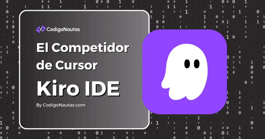 Imagen promocional de Kiro IDE, "El Competidor de Cursor" con un logo de fantasma y fondo de código binario.