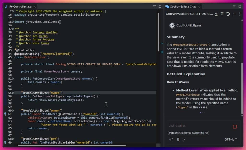 Interfaz de MyEclipse IDE, una alternativa de pago a Eclipse, mostrando su asistente de IA para optimizar código Java.