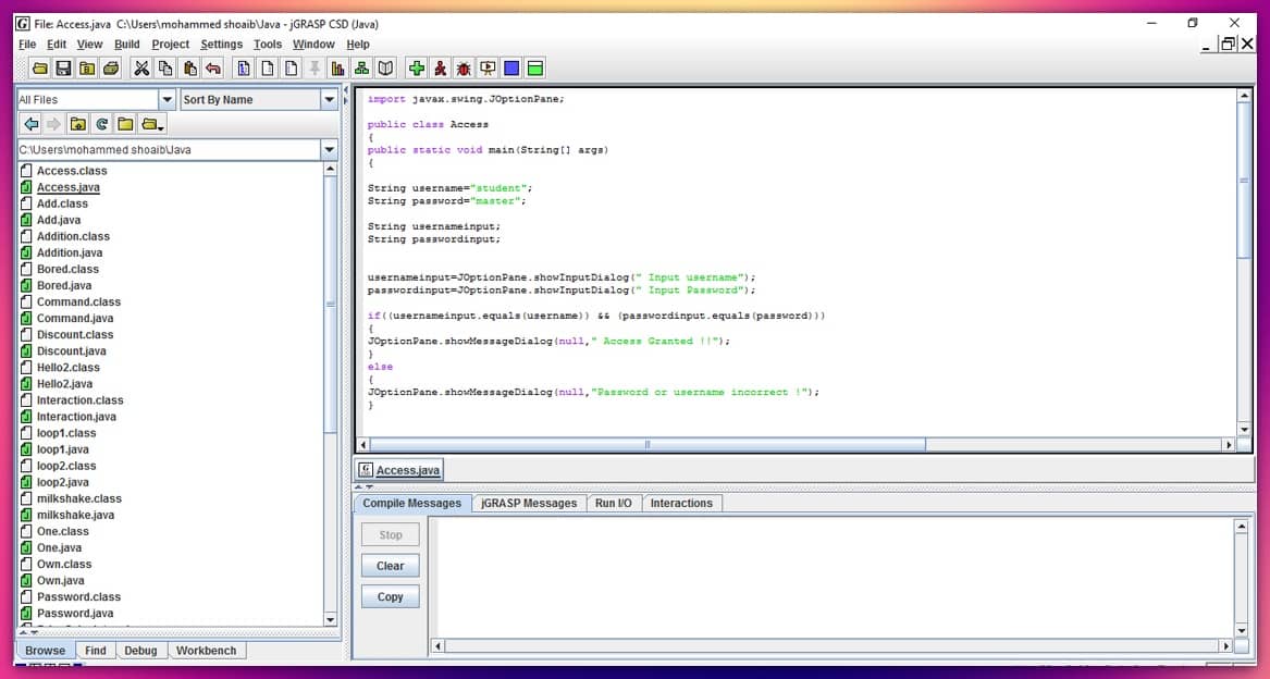 Interfaz de jGrasp IDE con diagramas interactivo para Java, una herramienta visual que facilita la comprensión del código.