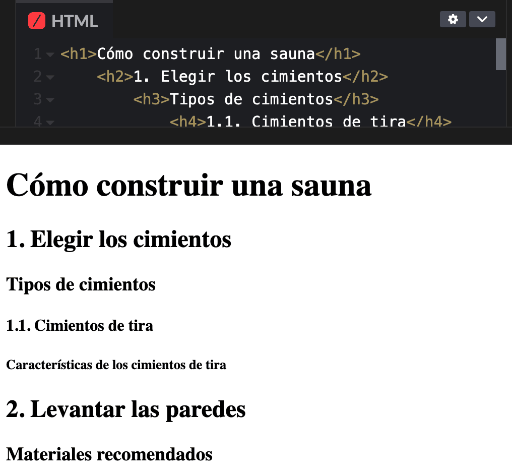 Ejemplo visual de los niveles de encabezados HTML, mostrando el código y el resultado para una correcta jerarquía web.