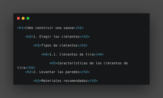 Código de ejemplo que muestra una Estructura Encabezado HTML jerárquica para mejorar el SEO y la accesibilidad web.