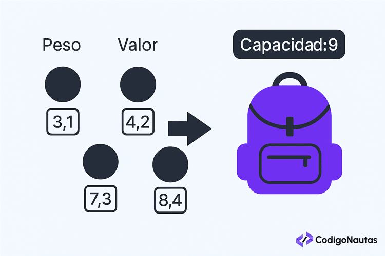 Ejemplo del problema de la mochila en algoritmos de programación dinámica.