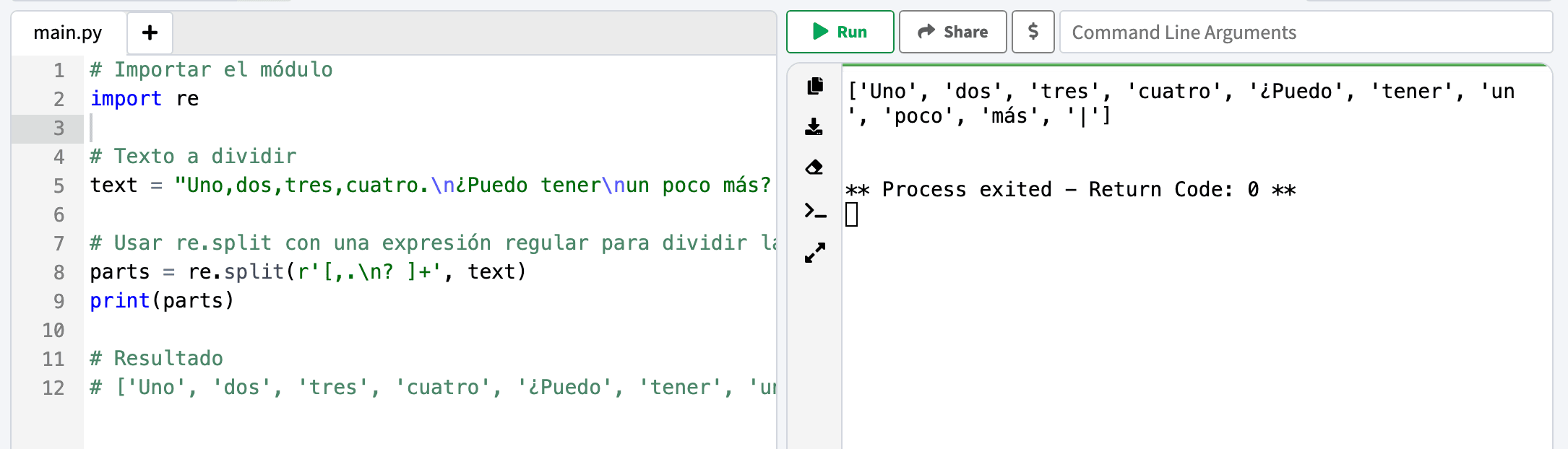 Ejemplo de código de split en Python con expresiones regulares.